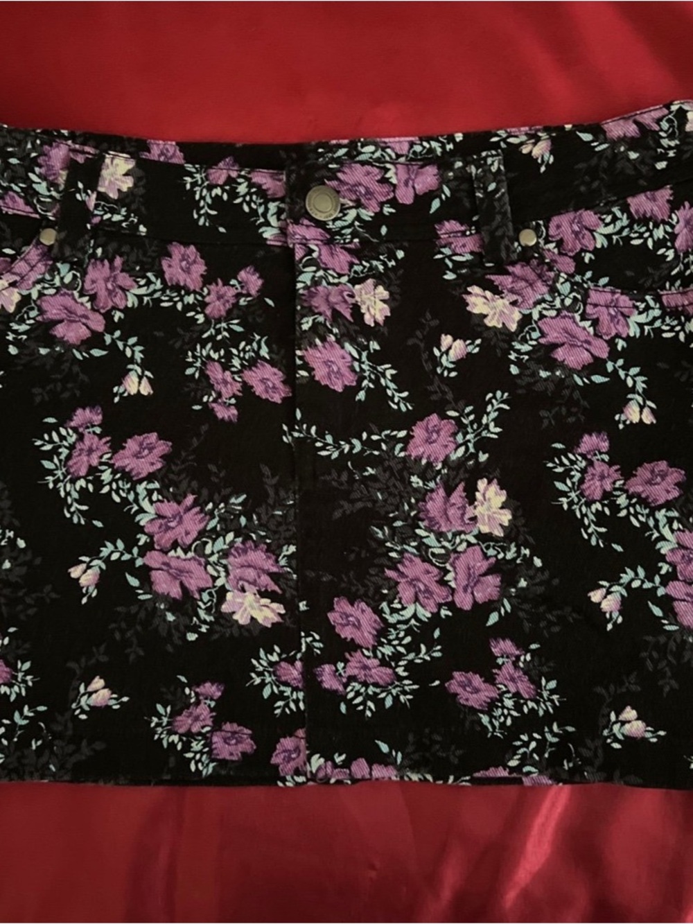 Heritage 1981 Black Mini Skirt with Purple and Mint Floral Print, Small